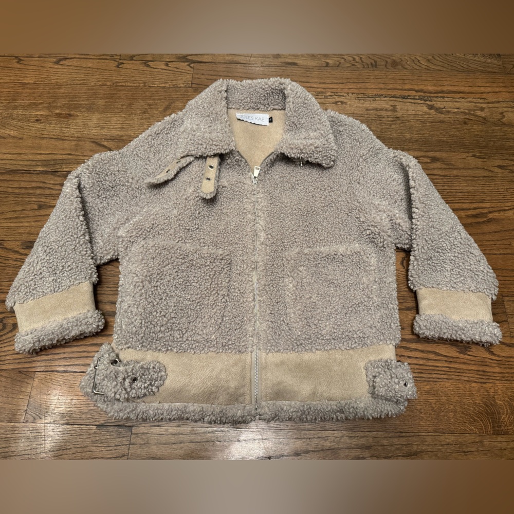 Jules Kae Sherpa Moto Jacket Beige Faux Suede Trim Buckle Zip Coat Size M